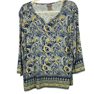 Chico's Cotton Modal Blend Multicolor Paisley V-Neck 3/4 Sleeve XL Blouse